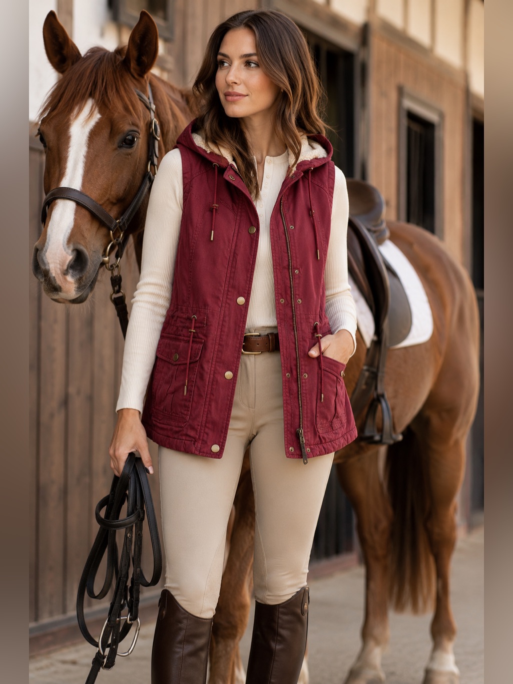 Victory Outfitters Canvas Utility Vest -L Burgundy Sherpa Hooded Equestrian Vest